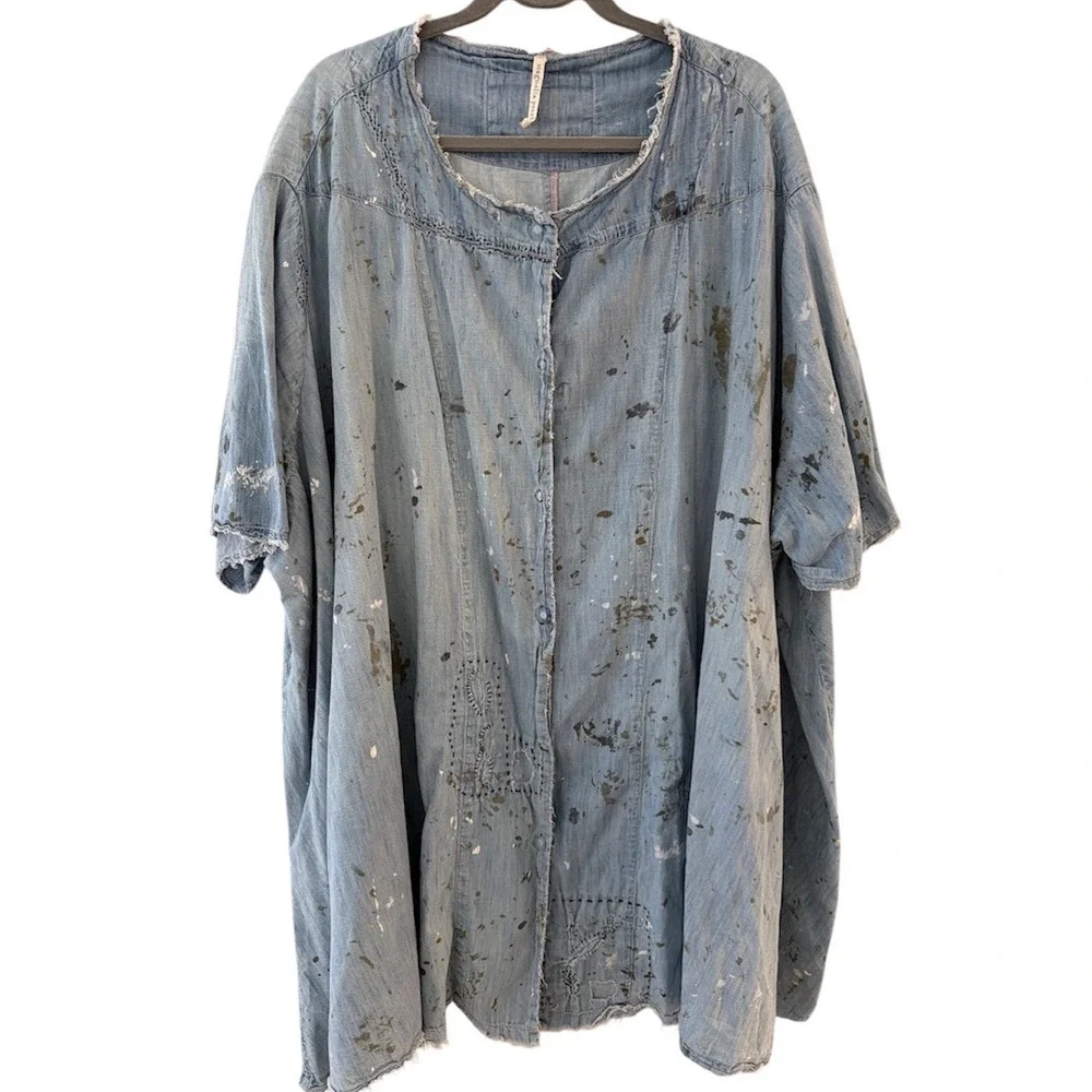 Magnolia Pearl Sanforized Star Denim Shirt Dress Oversized Paint Splatter OSFM - Picture 2 of 10